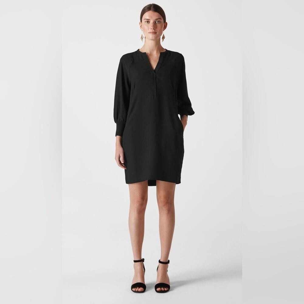 Whistles Zeta Rib Cuff V-Neck Long Sleeve Professional Shift Dress Black Size 4